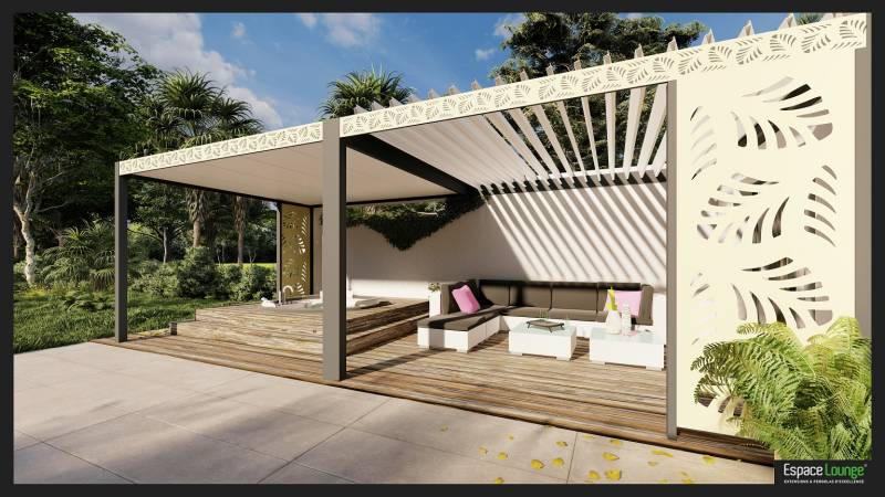 Pergola Bioclimatique haut de gamme Espace Lounge, avec panneaux design, installée sur la commune du cap ferret